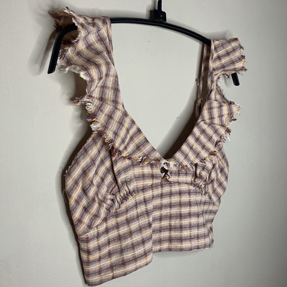 Crop Ruffle Plaid Flannel Print Tank Top Weatern Country Rustic Mustard Seed M - Picture 2 of 11